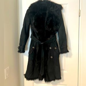 Shearling Fur Coat, Fur Trim & Pointed Collar,Slit Pockets & Double Breasted